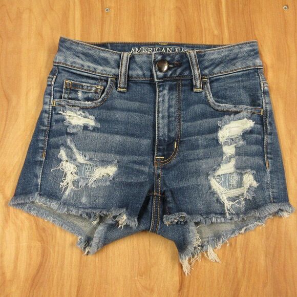 AMERICAN EAGLE Hi-Rise Shortie Womens Size 0 Frayed Hem Ripped Denim Jean Shorts - Picture 2 of 16